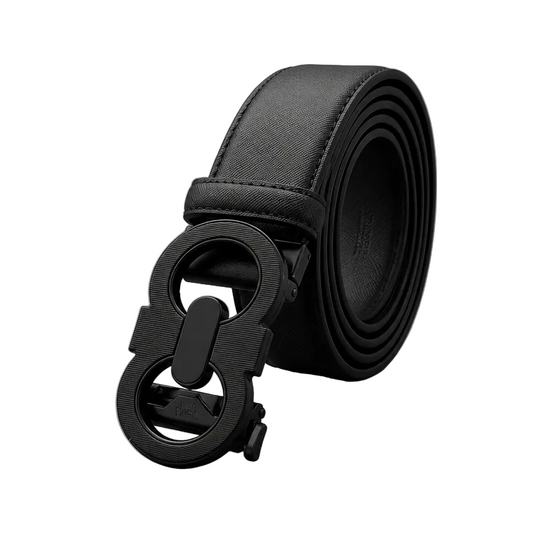 A black leather belt with a matte black double-ring buckle, coiled on a neutral gray background.