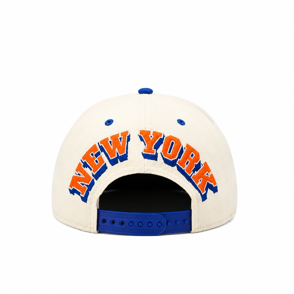 NEW ERA MEN'S 9FIFTY A-FRAME NBA NEW YORK KNICKS CREAM & ROYAL BLUE SNAPBACK HAT
