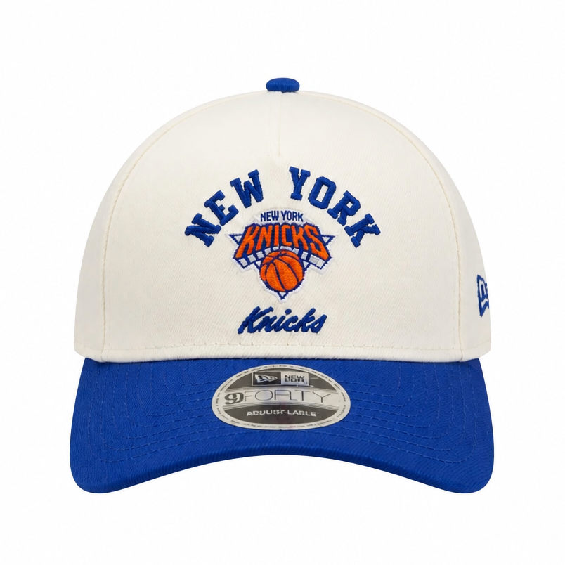NEW ERA MEN'S 9FORTY A-FRAME M-CROWN NBA NEW YORK KNICKS CREAM & ROYAL BLUE SNAPBACK HAT