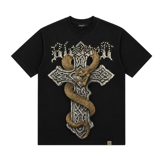 LEFT POINT MEN'S RHINESTONE DESIGN BLESSED BLACK T-SHIRT
