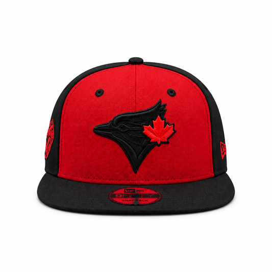 MEN'S NEW ERA MLB SCARLET RED BLACK TORONTO BLUE JAYS 50TH SEASON PATCH 9FIFTY SNAPBACK HAT
