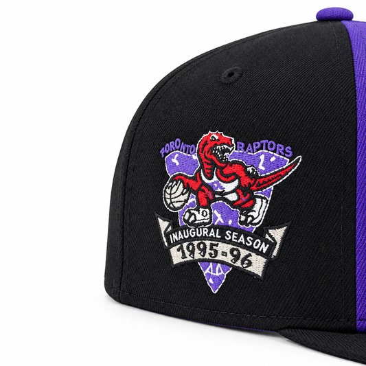 MEN'S NEW ERA NBA TORONTO RAPTORS DINO LOGO HARDWOOD CLASSIC INAUGURAL SEASON 1995 -96 PATCH PURPLE & BLACK SNAPBACK HAT