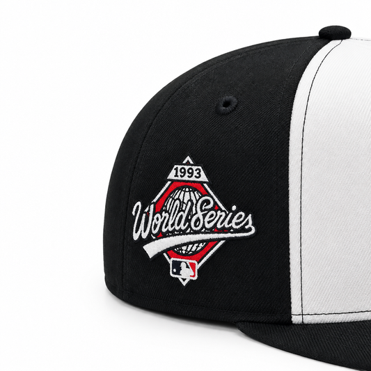 9FIFTY NEW ERA MLB 1993 WORLD SERIES TORONTO BLUE JAYS BLACK & WHITE RED LEAF SNAPBACK HAT