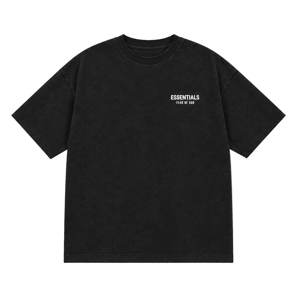ESSENTIALS MEN'S FEAR OF GOD BOXY FIT OVERSIZED FRONT & BACK PRINT BLACK T-SHIRT