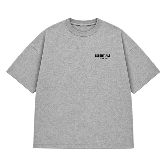 ESSENTIALS MEN'S FEAR OF GOD BOXY FIT OVERSIZED FRONT & BACK PRINT GREY T-SHIRT