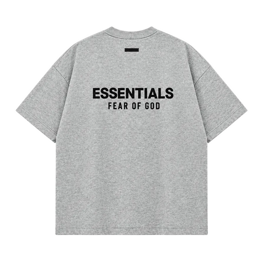 ESSENTIALS MEN'S FEAR OF GOD BOXY FIT OVERSIZED FRONT & BACK PRINT GREY T-SHIRT
