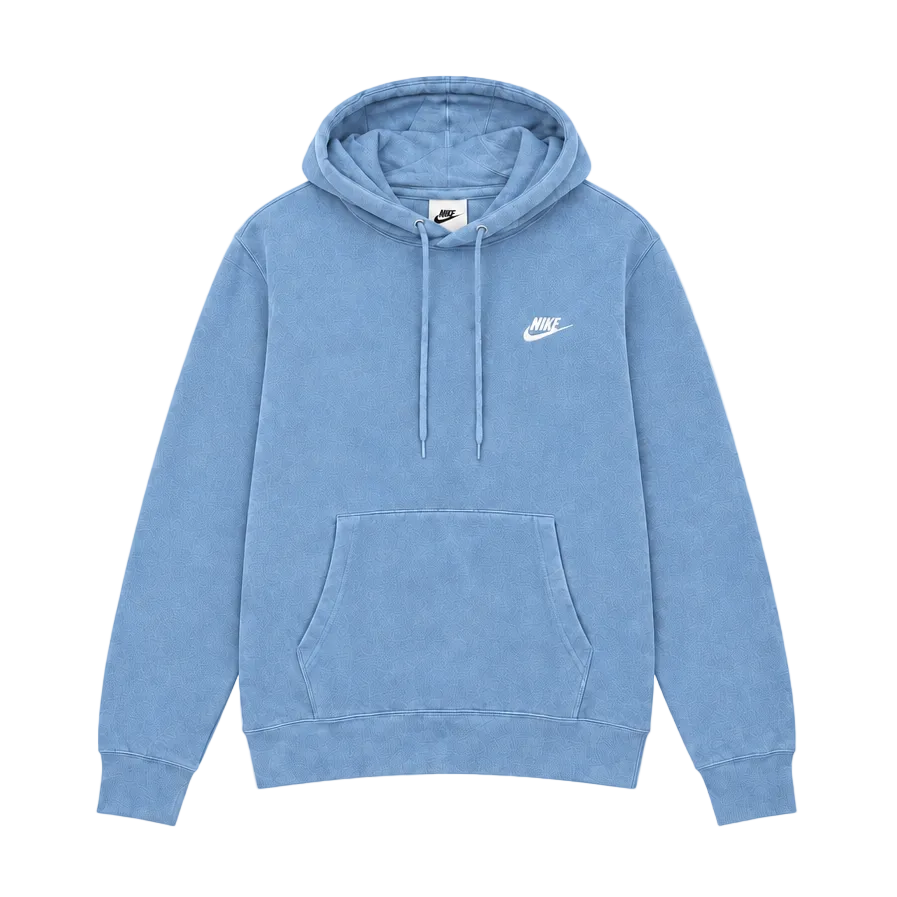 A light blue Nike pullover hoodie with a white embroidered logo on the left chest, displayed against a solid white background.