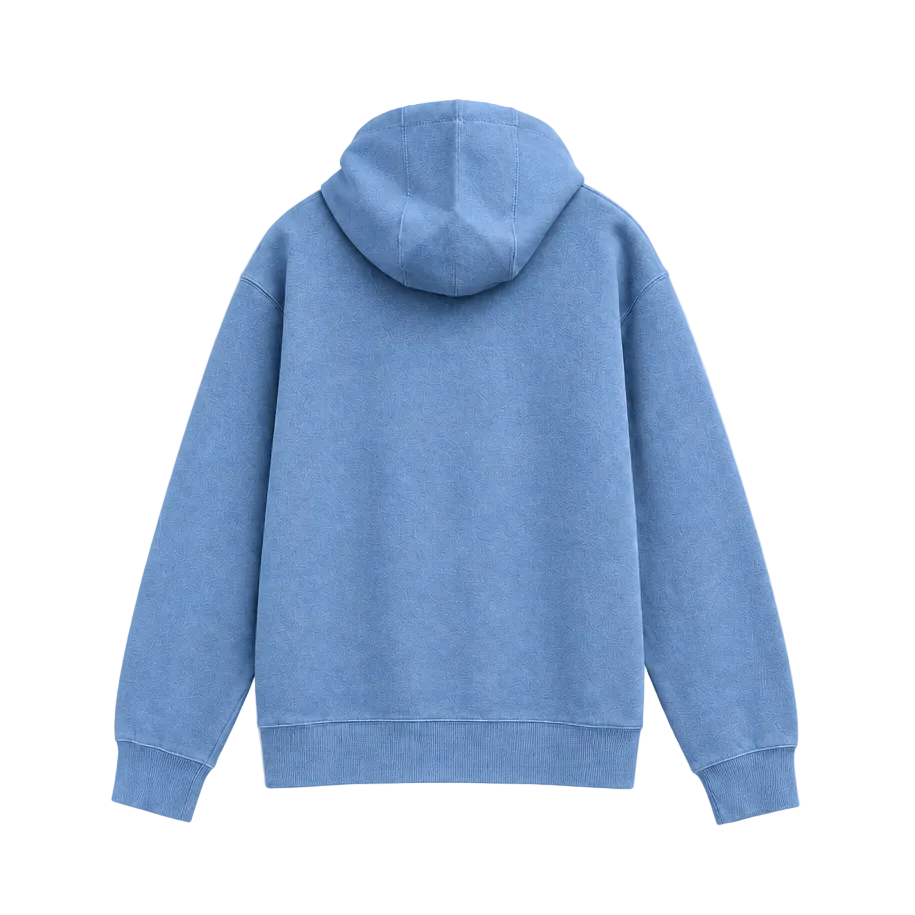 A light blue hooded sweatshirt shown from the back, laid flat against a clean white background.