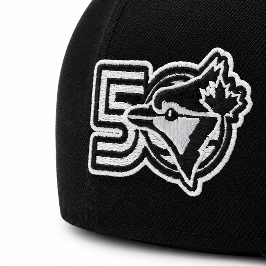 59FIFTY NEW ERA MLB 50TH ANNIVERSARY TORONTO BLUE JAYS BLACK & WHITE FITTED HAT