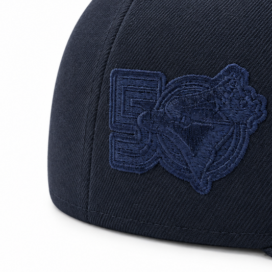 59FIFTY NEW ERA MLB 50TH ANNIVERSARY TORONTO BLUE JAYS ALL NAVY BLUE FITTED HAT