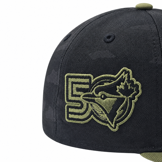 59FIFTY NEW ERA MLB 50TH ANNIVERSARY TORONTO BLUE JAYS BLACK CAMO & OLIVE GREEN FITTED HAT