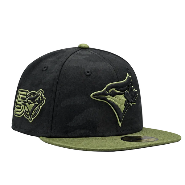 59FIFTY NEW ERA MLB 50TH ANNIVERSARY TORONTO BLUE JAYS BLACK CAMO & OLIVE GREEN FITTED HAT
