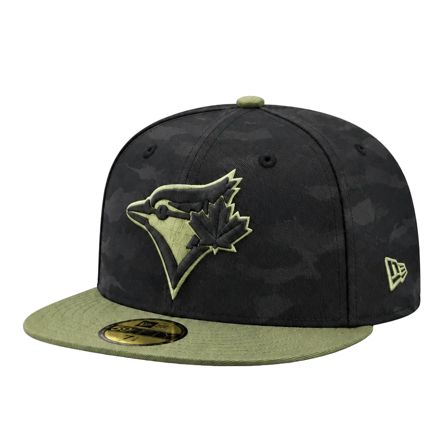 59FIFTY NEW ERA MLB 50TH ANNIVERSARY TORONTO BLUE JAYS BLACK CAMO & OLIVE GREEN FITTED HAT