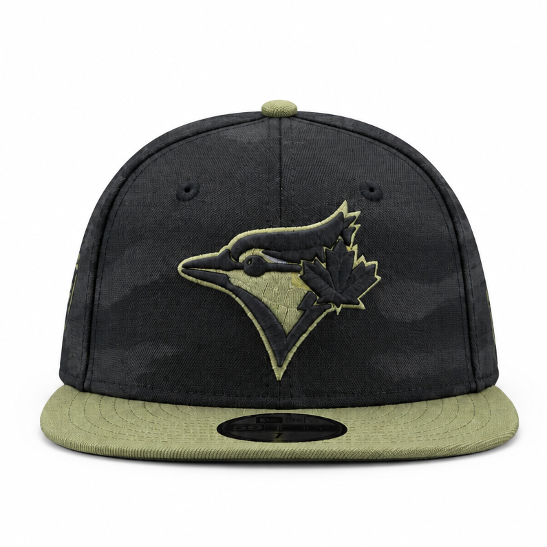 59FIFTY NEW ERA MLB 50TH ANNIVERSARY TORONTO BLUE JAYS BLACK CAMO & OLIVE GREEN FITTED HAT