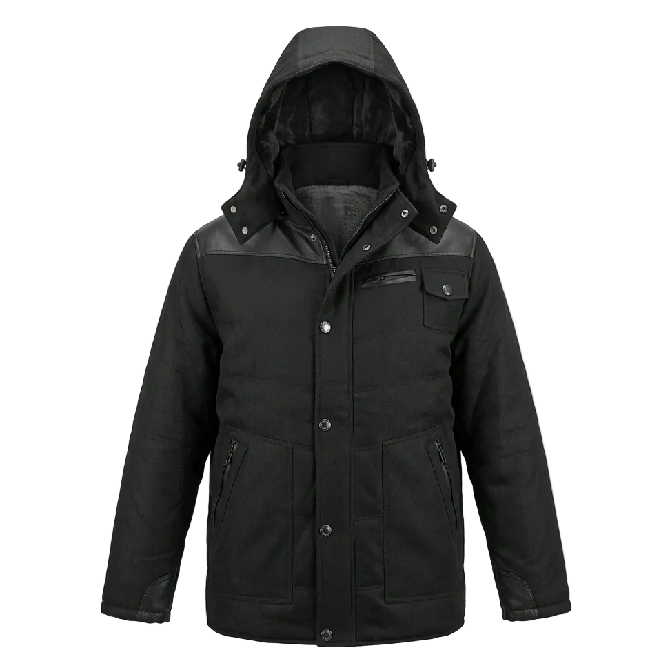 A black hooded winter jacket with dark gray contrast panels on the shoulders and upper chest, featuring a snap-button front, zippered hand pocket, and two large zippered front pockets, shown against a plain white background.