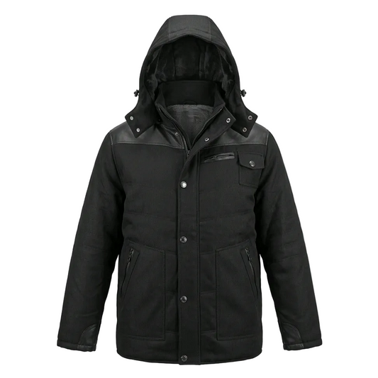A black hooded winter jacket with dark gray contrast panels on the shoulders and upper chest, featuring a snap-button front, zippered hand pocket, and two large zippered front pockets, shown against a plain white background.
