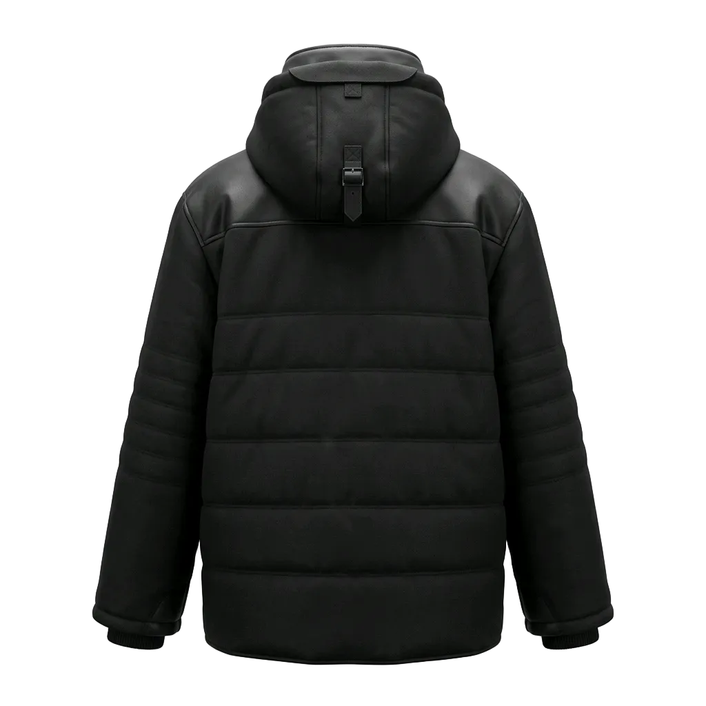 Black hooded puffer jacket with quilted horizontal body panels and smooth faux-leather shoulder panels, shown from the back on a light gray background.