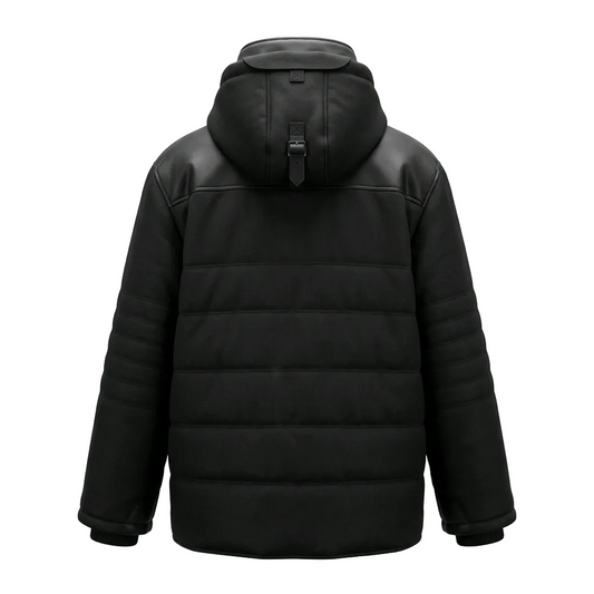 Black hooded puffer jacket with quilted horizontal body panels and smooth faux-leather shoulder panels, shown from the back on a light gray background.