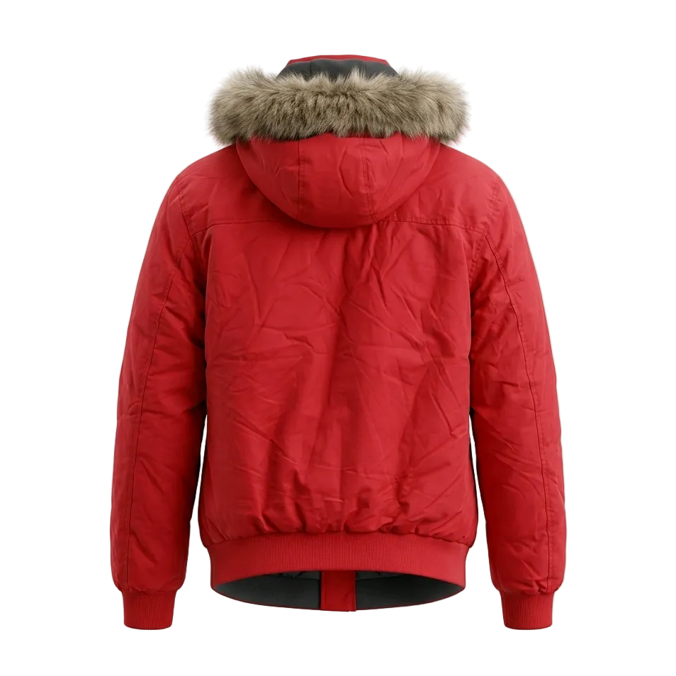 A red quilted puffer jacket with a faux-fur trimmed hood, shown from the back on a white background.