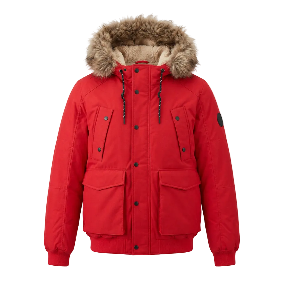 A bright red hooded parka jacket with a brown faux-fur trimmed hood, beige sherpa lining, black snap buttons, and front flap pockets, shown on a plain light gray background.