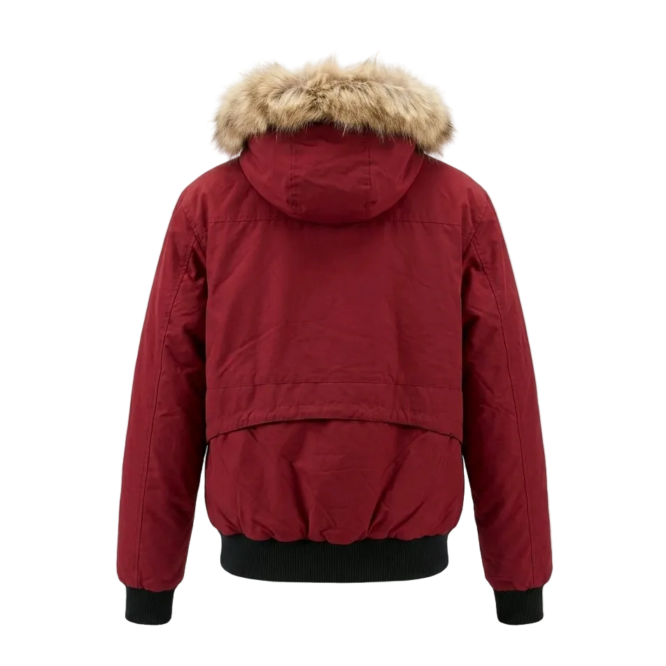 A red hooded puffer jacket shown from the back, featuring a light brown faux-fur trimmed hood and black ribbed cuffs and hem, photographed against a plain white background.