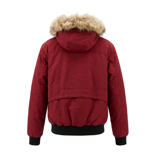 A red hooded puffer jacket shown from the back, featuring a light brown faux-fur trimmed hood and black ribbed cuffs and hem, photographed against a plain white background.