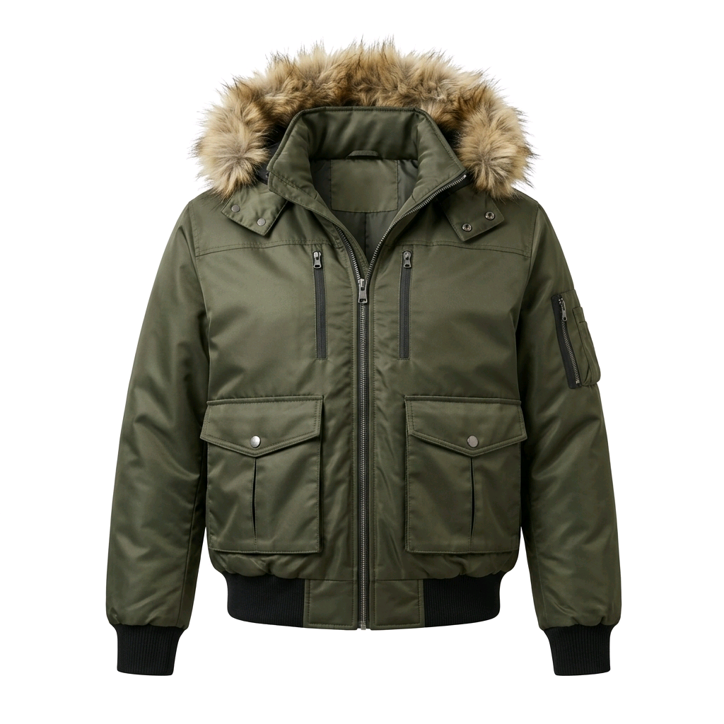 SEAN JOHN MEN'S FAUX FUR OLIVE GREEN WINTER BOMBER JACKET