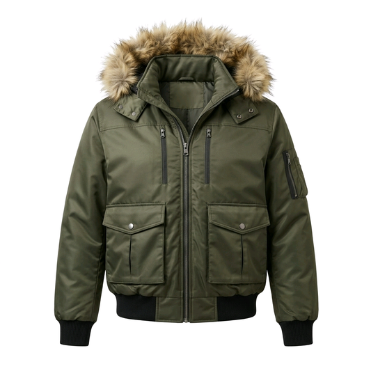 SEAN JOHN MEN'S FAUX FUR OLIVE GREEN WINTER BOMBER JACKET