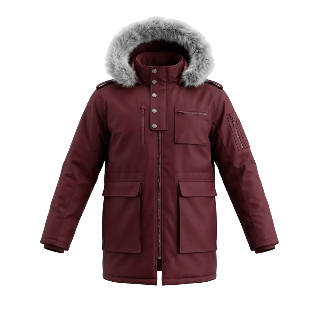 AWAKND LAND MEN'S SNORKLE FAUX FUR BURGUNDY WINTER PARKA JACKET
