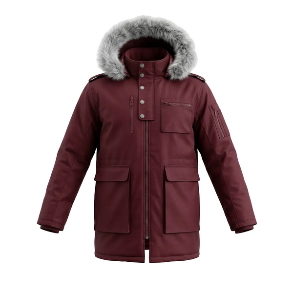 AWAKND LAND MEN'S SNORKLE FAUX FUR BURGUNDY WINTER PARKA JACKET