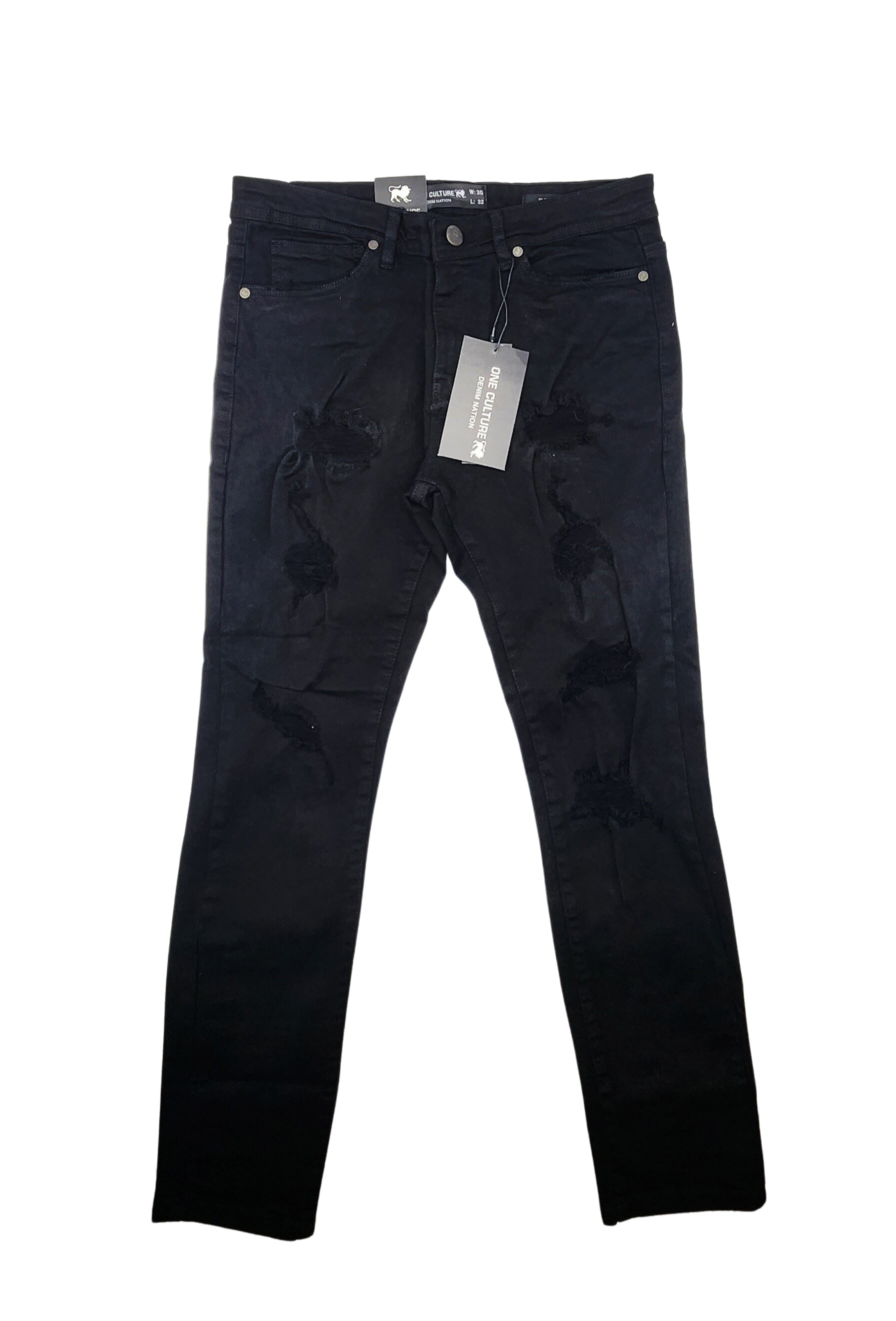 MEN'S ONE CULTURE BLACK SLIM FIT RIPPED JEANS