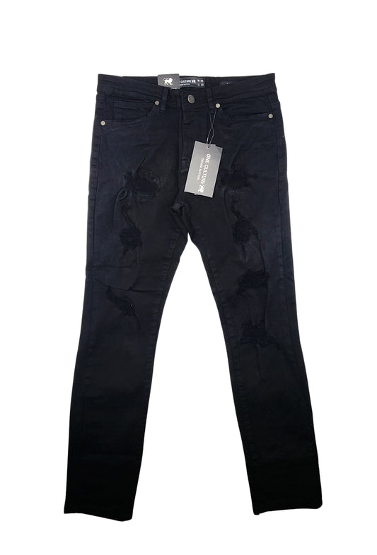 MEN'S ONE CULTURE BLACK SLIM FIT RIPPED JEANS