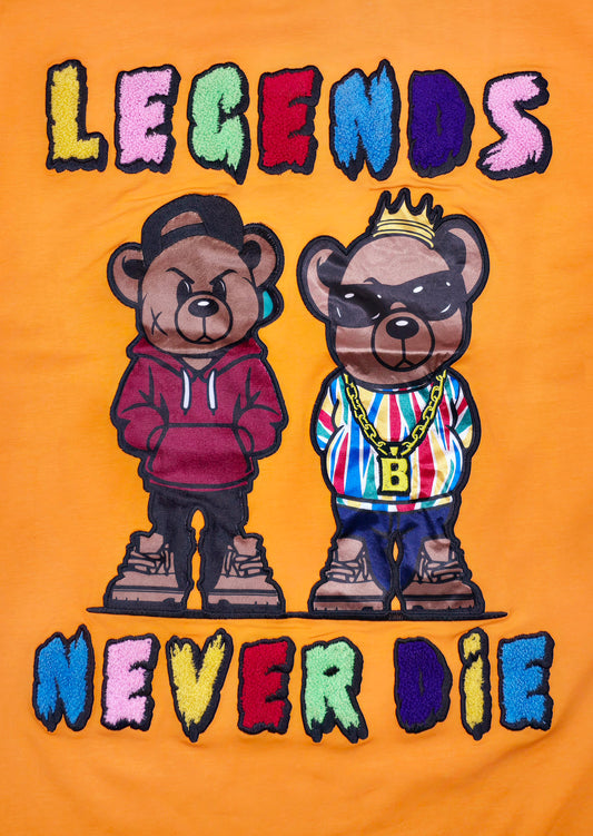 LEGENDS NEVER DIE CHENILLE & APPLIQUE GRAPHIC T-SHIRT (ORANGE)