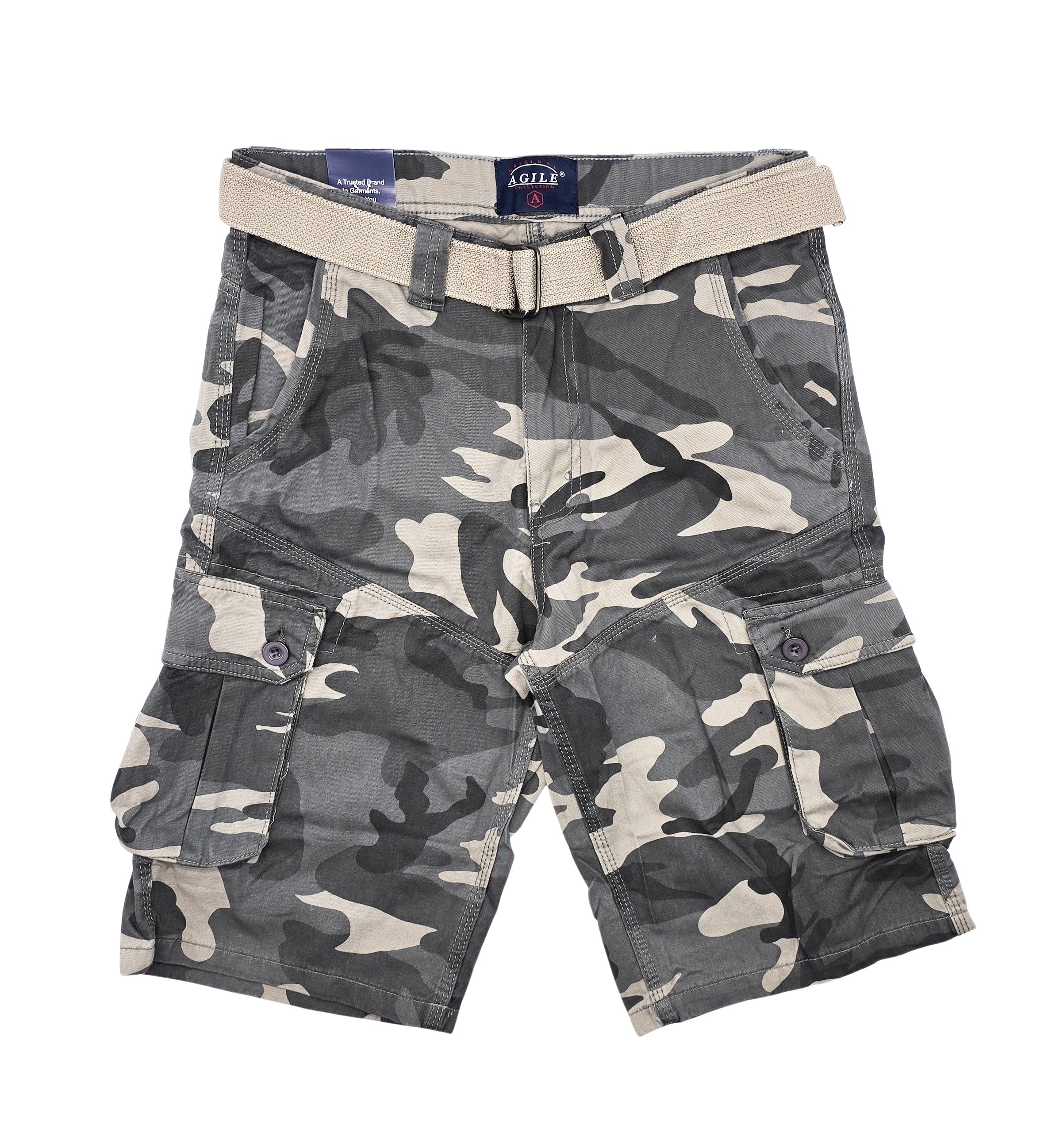 AGILE MEN'S CARGO SHORTS WITH BELT (GREY CAMO)