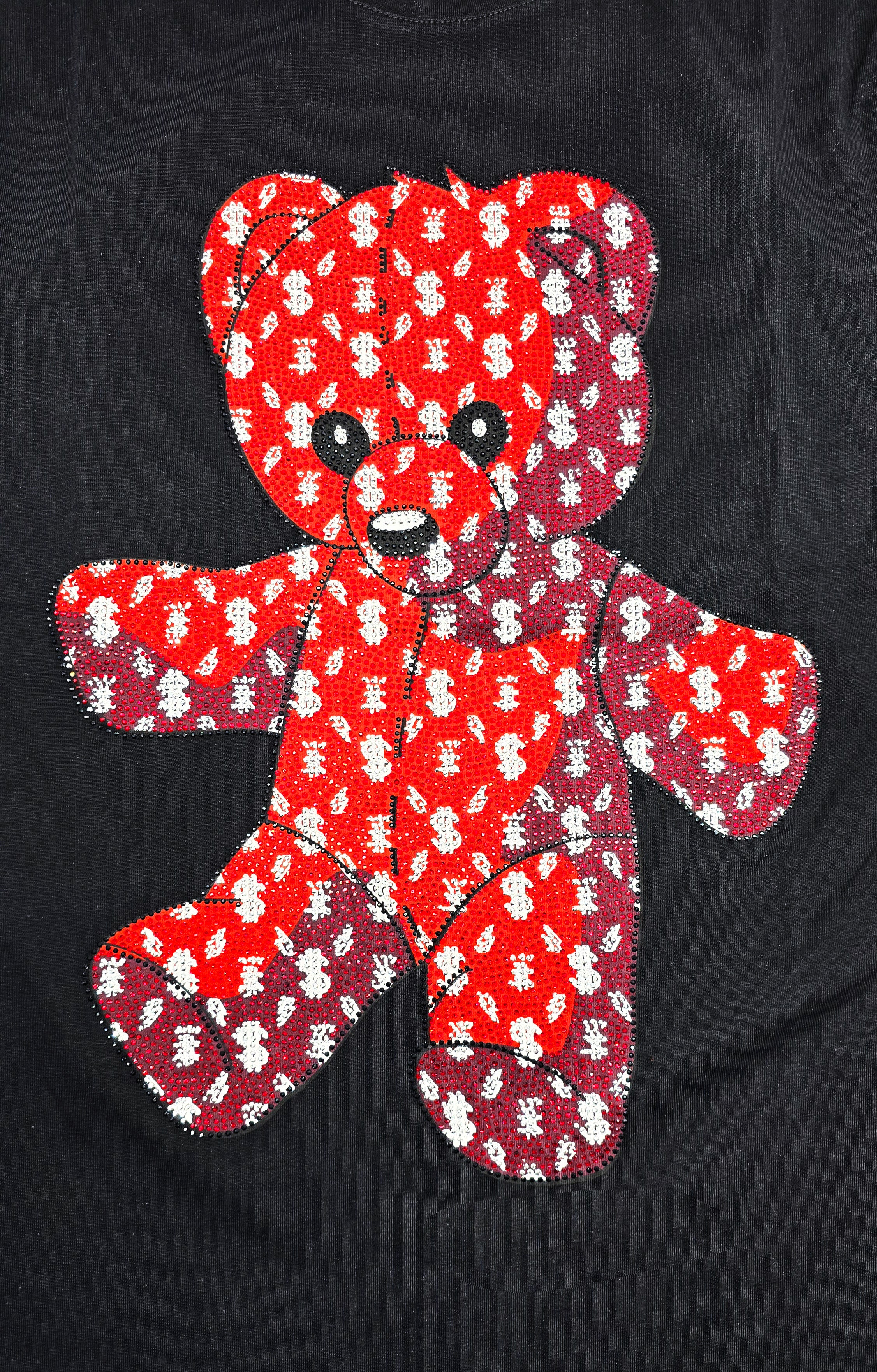 MEN'S RHINESTONE TEDDY BEAR SHORT SLEEVE T-SHIRT (BLACK/RED)