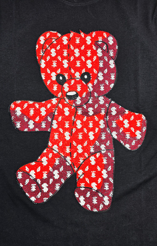 MEN'S RHINESTONE TEDDY BEAR SHORT SLEEVE T-SHIRT (BLACK/RED)