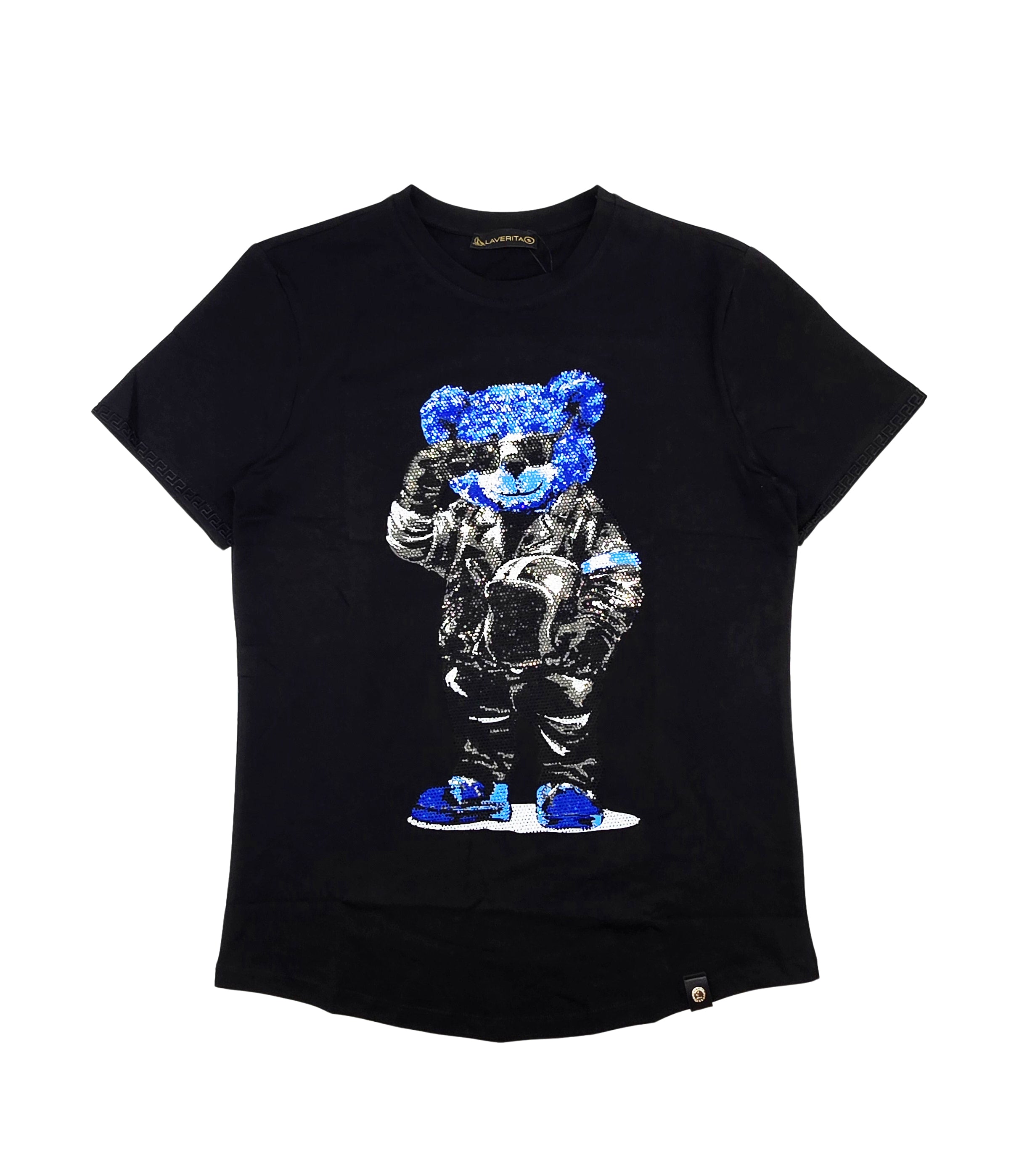 MEN'S RHINESTONE TEDDY BEAR SHORT SLEEVE T-SHIRT (BLACK/BLUE)