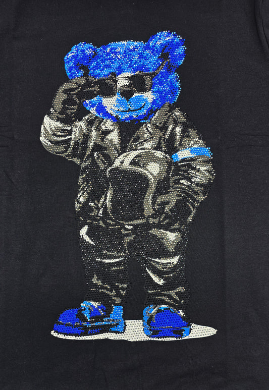 MEN'S RHINESTONE TEDDY BEAR SHORT SLEEVE T-SHIRT (BLACK/BLUE)