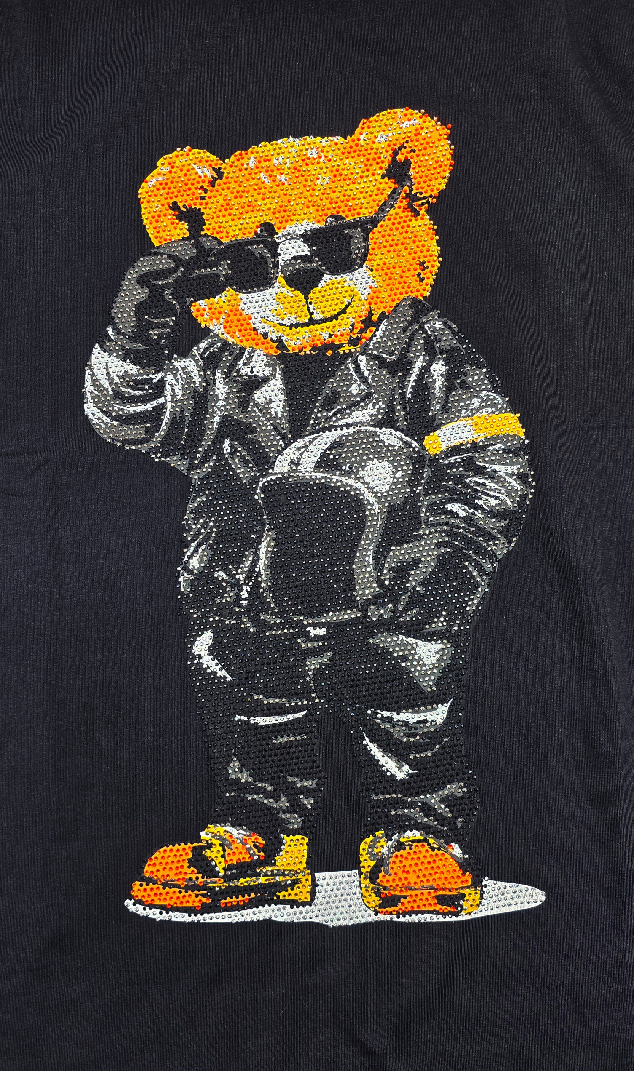 MEN'S RHINESTONE TEDDY BEAR SHORT SLEEVE T-SHIRT (BLACK/ORANGE)