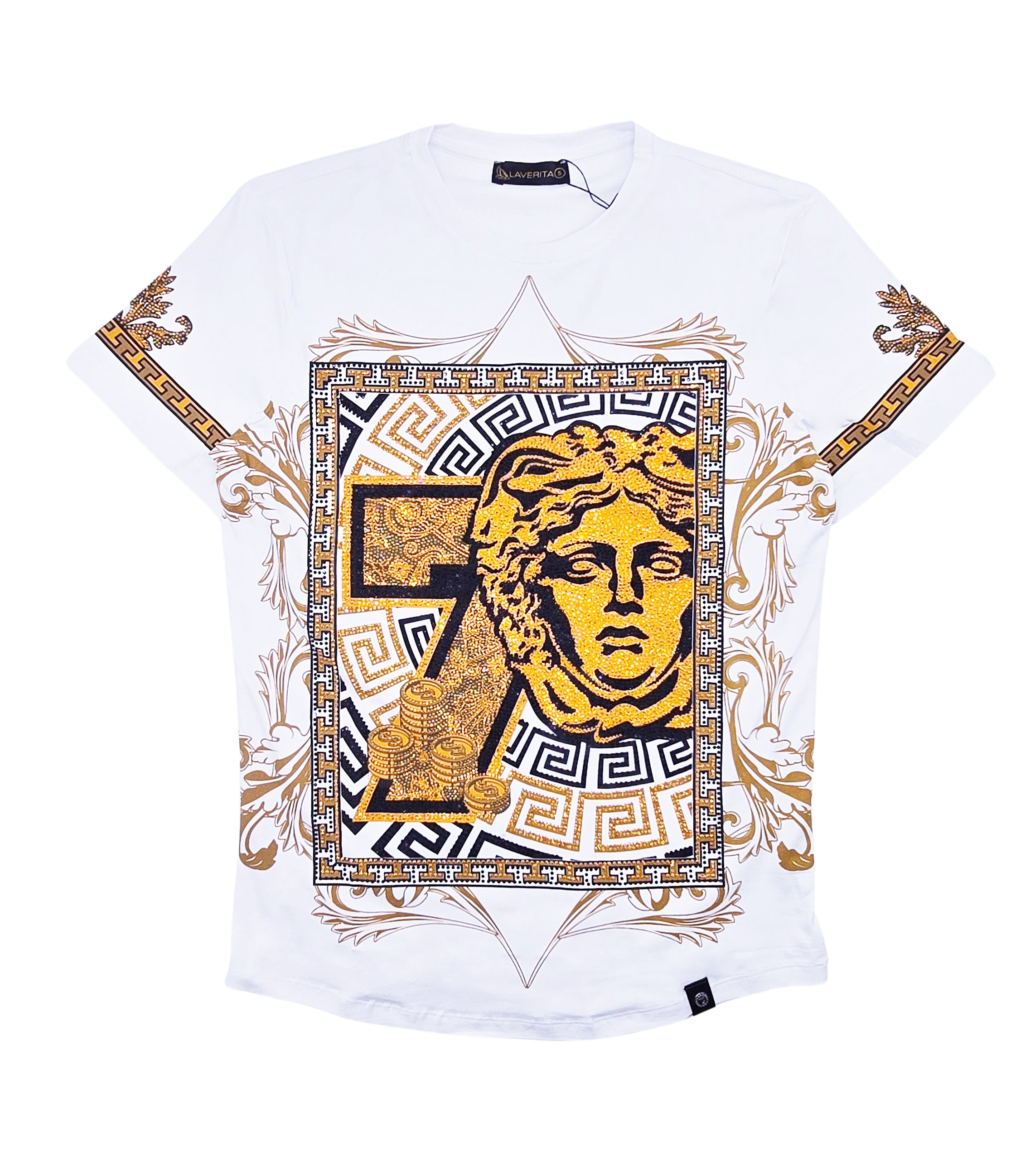 MEN'S RHINESTONE DESIGNER SHORT SLEEVE T-SHIRT (WHITE/GOLD)