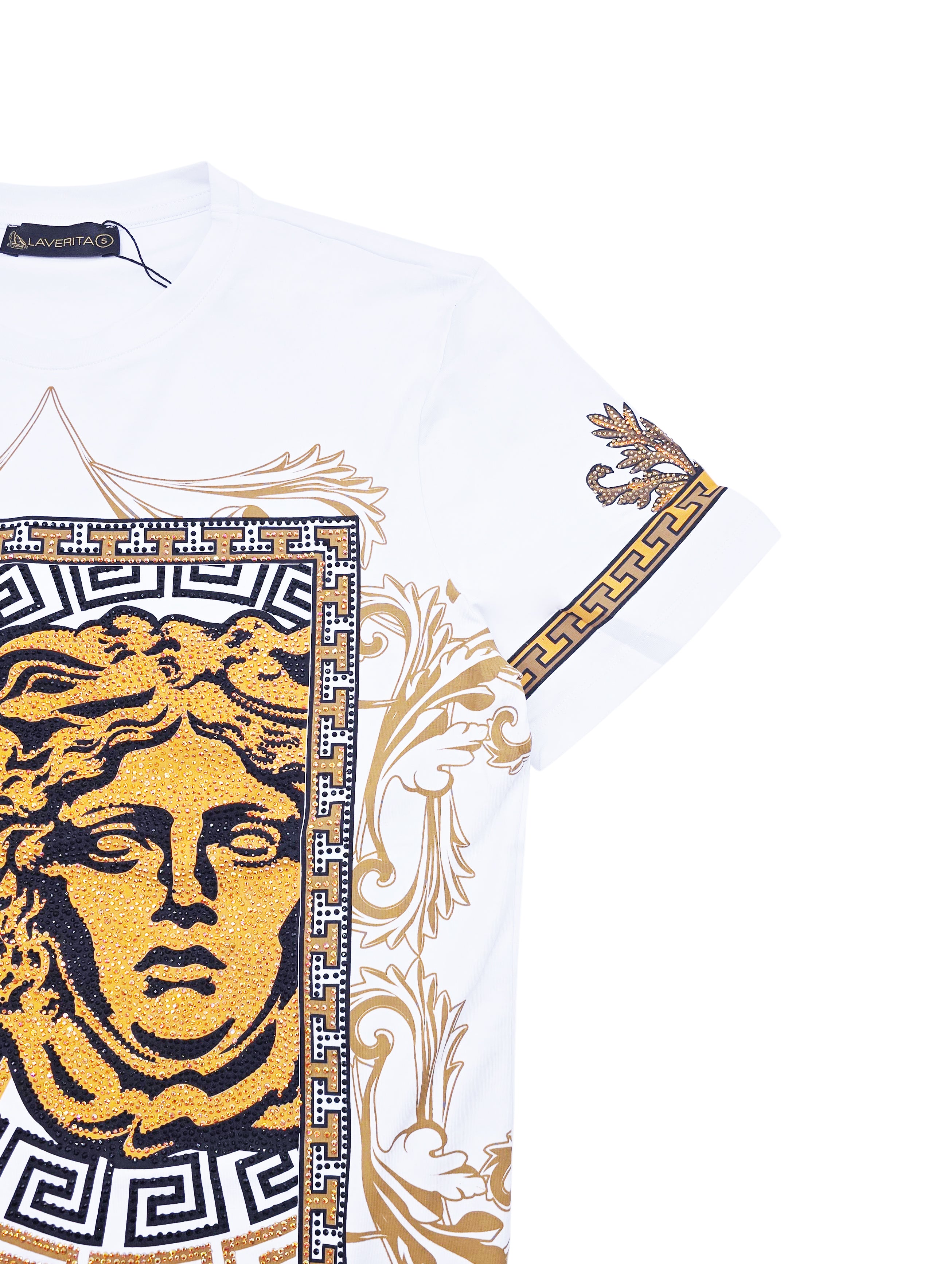 MEN'S RHINESTONE DESIGNER SHORT SLEEVE T-SHIRT (WHITE/GOLD)