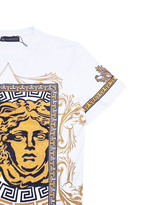 MEN'S RHINESTONE DESIGNER SHORT SLEEVE T-SHIRT (WHITE/GOLD)