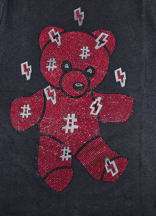 MEN'S RHINESTONE TEDDY BEAR SHORT SLEEVE T-SHIRT (BLACK/RED)
