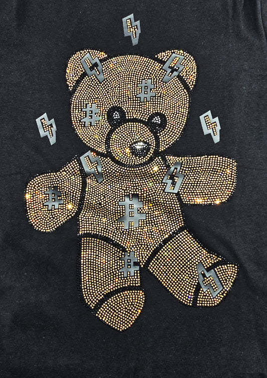 MEN'S RHINESTONE TEDDY BEAR SHORT SLEEVE T-SHIRT (BLACK/GOLD)