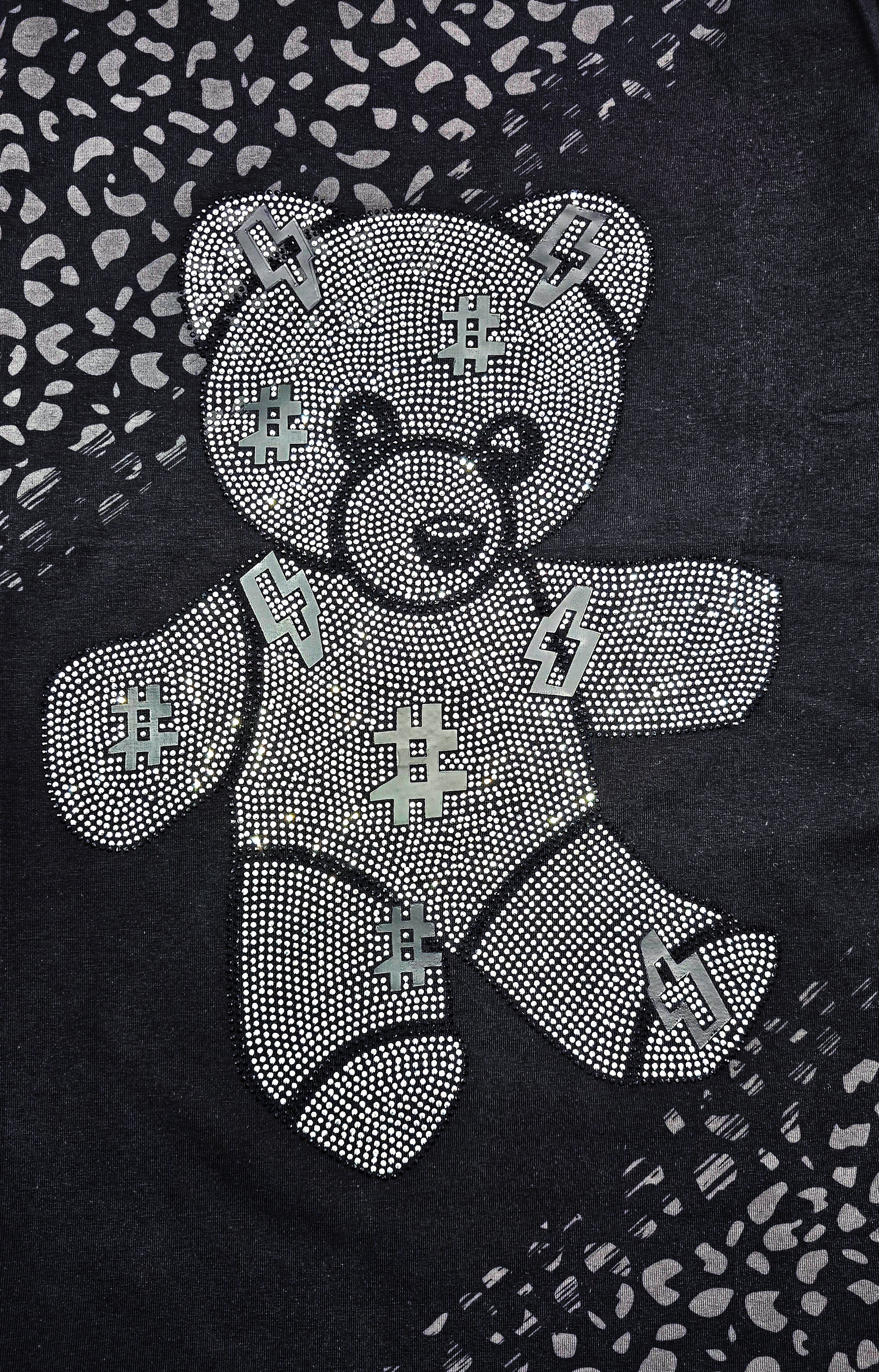 MEN'S RHINESTONE TEDDY BEAR SHORT SLEEVE T-SHIRT (BLACK/SILVER)