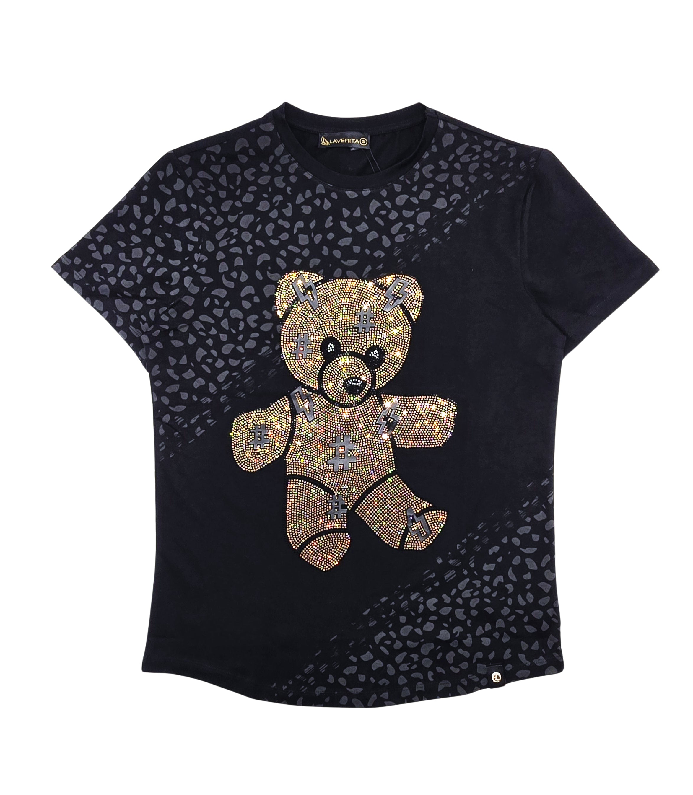 MEN'S RHINESTONE TEDDY BEAR SHORT SLEEVE T-SHIRT (BLACK/GOLD)