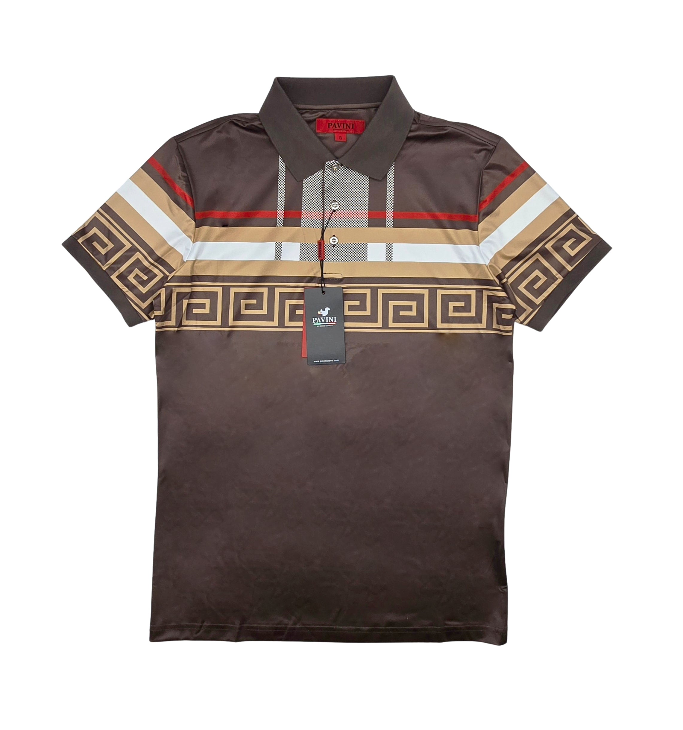 PAVINI MEN'S DESIGNER SHORT SLEEVES POLO T-SHIRT (BROWN P-3138)