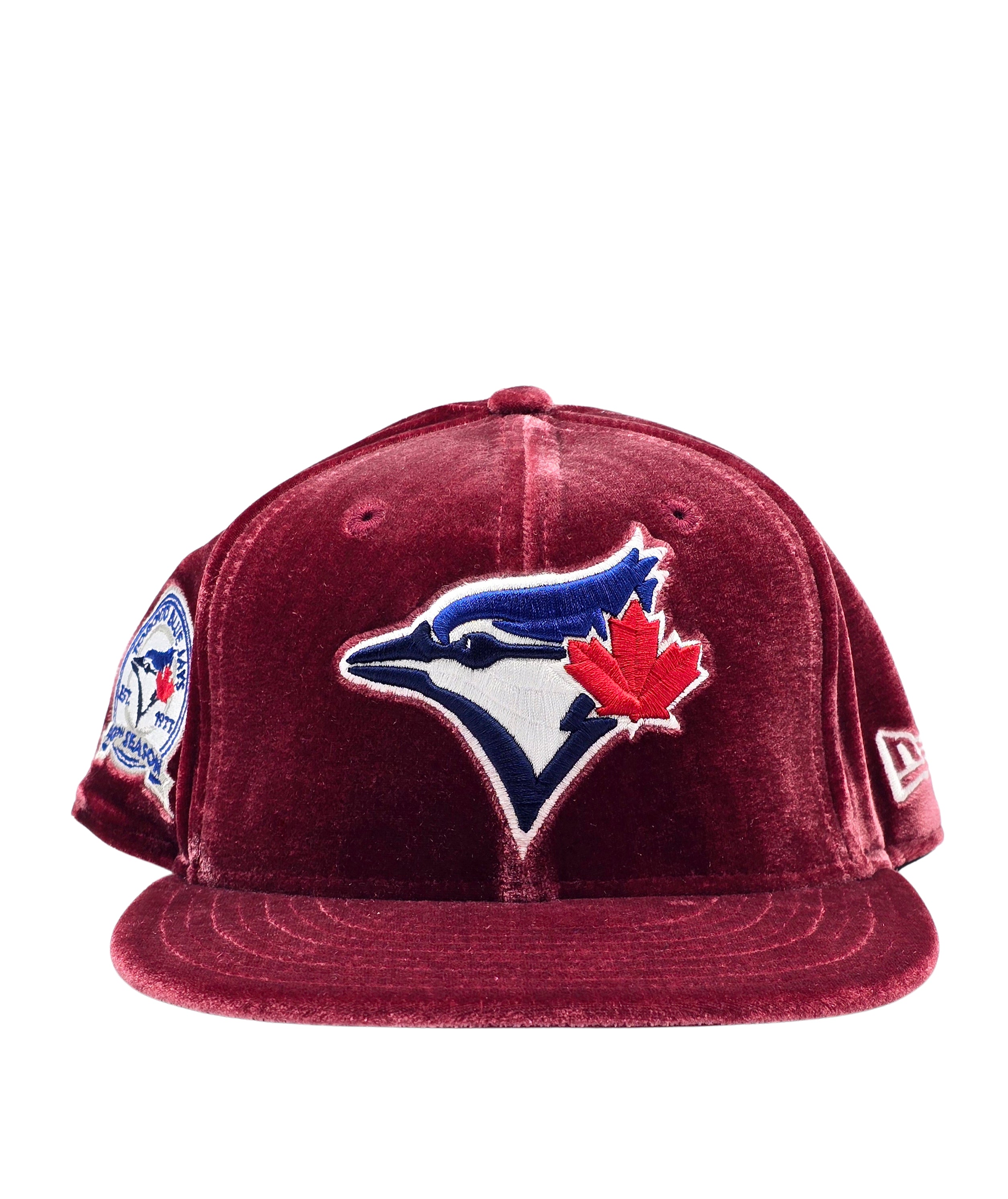 NEW ERA 9FIFTY TORONTO BLUE JAYS 40TH SEASON CARDINAL MAROON VELVET SNAPBACK HAT