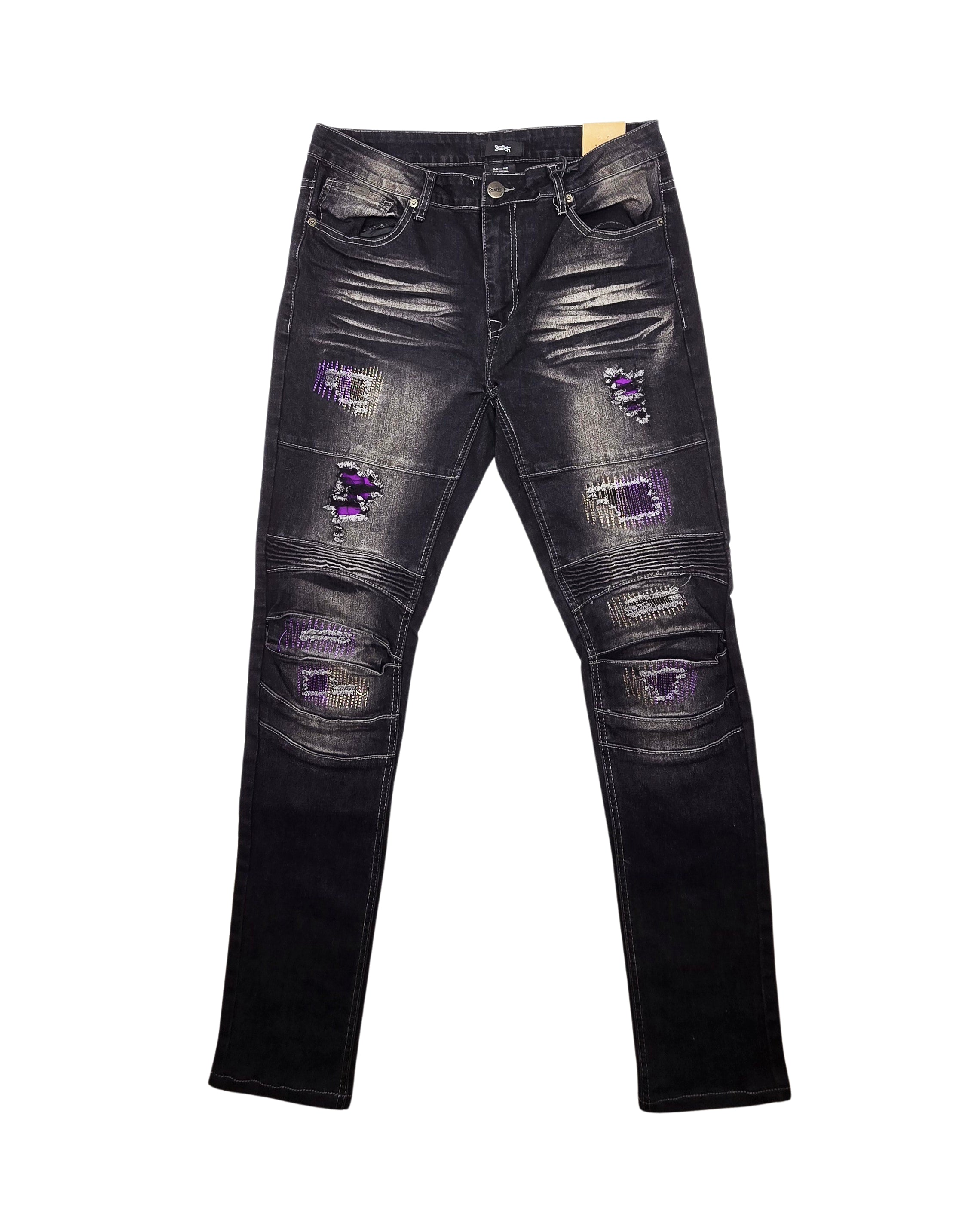 SWITCH REMARKABLE MEN'S SLIM TAPER FIT RIPPED DENIM JEANS (BLACK/LAVENDER)