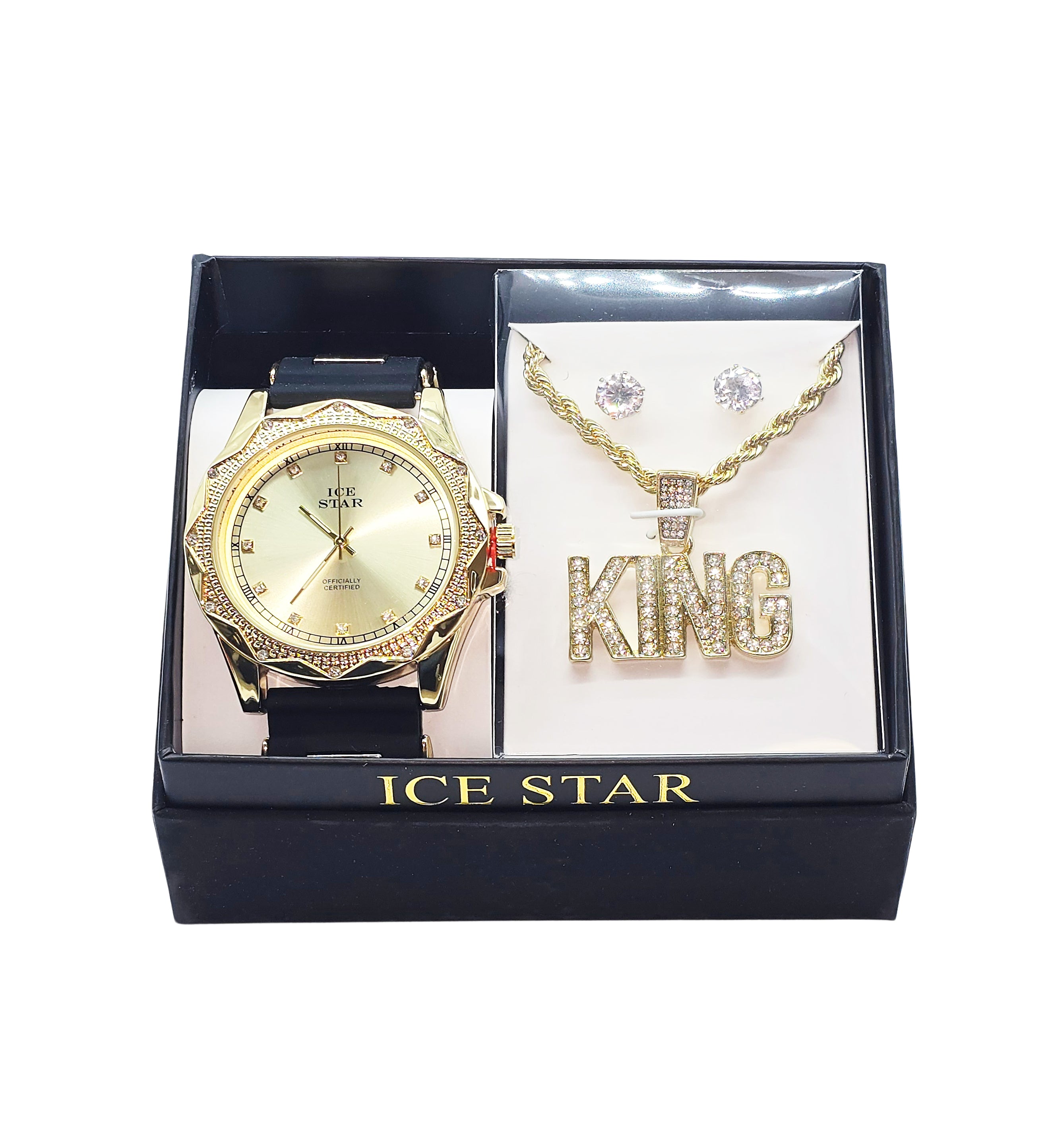 MEN'S WATCH/EARRINGS/CHAIN SET (BLACK/GOLD)